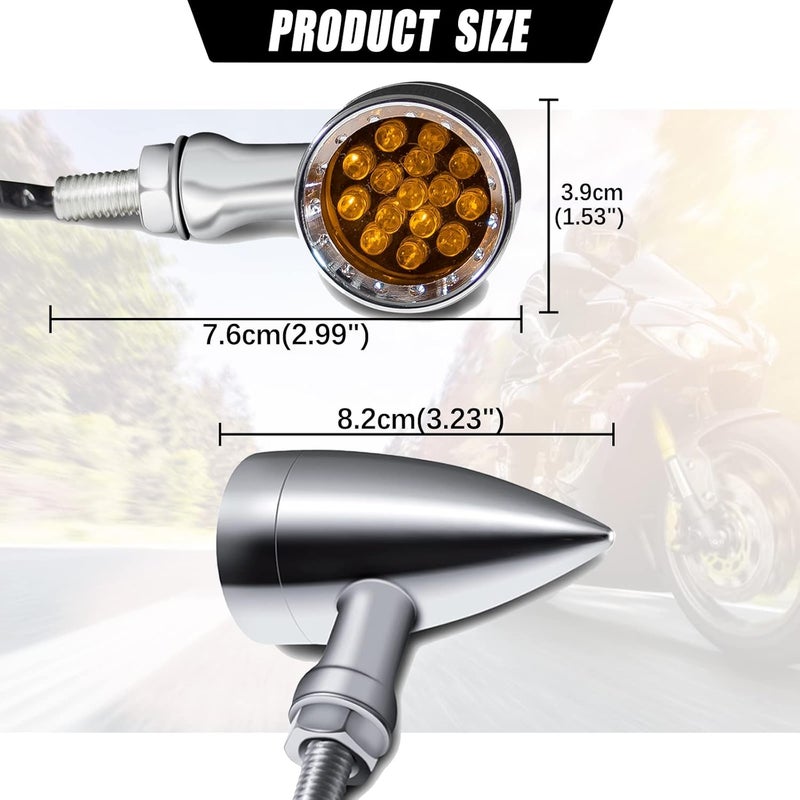 DREAMIZER 2pcs Chrome Bullet 15 LEDs Motorcycle Turn Signal Lights Front and Rear Indicator Lamps Compatible for Harley Honda Yamaha Cruiser Softail Sportster StreetBike Chopper Bobber (Amber lens) - Image 5